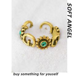 High quality luxury jewelry Summer gift ancient family Ring Emerald with gold hollow out metal texture light extravagant open ring