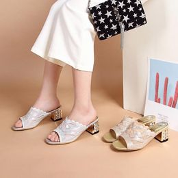 Slippers PXELENA Outside Fashion Women Slides 2023 Summer Square Thick Med Heels Peep Toe Mesh Crystal Sandals Ladies Shoes