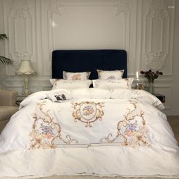 Bedding Sets Luxury White Embroidery 60S Satin Washed Silk Set Cotton Duvet Cover Bed Linen Fitted Sheet Pillowcases Bedclothes