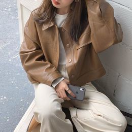 Women's Leather 101118# 2023 Autumn Women Korean Style Loose Jacket Solid Single Breasted Female Motorcycle Short Coat Top