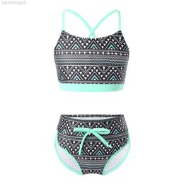 One-Pieces Kids Swimsuits Fashion Summer Swimwear Geometric Patterns Bathing Suit Children Two Piece Bikini Set for Little Girl Swimming W0310