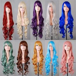 Party Masks 80cm Fashion Blue Purple Red Black Long Wavy Synthetic Wig Lolita Anime Cosplay Woman Wigs For Halloween Costume A380