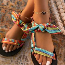 Sandals Summer Bowknot Beach Sandals Woman Design Casual Women Flat Sandals Shoes Gingham Open Toe Sandalia Mujer Z0306