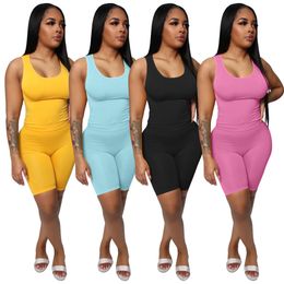 designer Bulk Wholesale Two Piece Sets Solid Sleeveless U Neck Vest Top Elastic Pencil Biker Shorts Suit Sports Tracksuits 9399 best quality