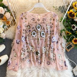 Women's Blouses High-end Embroidery Flower Sweet Lace Sequin Bottoming Shirt Pullover Casual Round Neck Long Sleeve Women