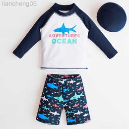 One-Pieces Anti-UV Children Swimwear 3pcs Swimsuit Boys Cartoon Print Kids Swimming Hat Short Sleeve Pants BathSuit Swim Beach Wear W0310