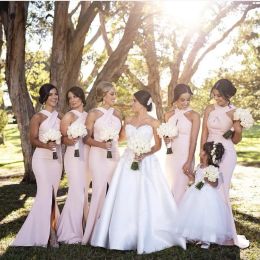 2023 Light Pink Mermaid Bridesmaid Dresses Front Slit Floor Length Criss Cross Straps Sleeveless Ruched Custom Made Plus Size Maid Of Honour Gowns Vestidos 403 403