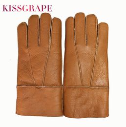 Five Fingers Gloves Russian Winter Super Warm Gloves Men Genuine Sheep Fur Mittens Male Outdoor Driving Motorcycle Gloves Soft Warm Windproof Gloves 230306