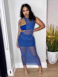 Work Dresses Blue Sheer Mesh See Through 3 Piece Dress Sets One Shoulder Crop Top Bodycon Sheath Skirt Body-shaping Party Cover Up Beachwear