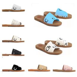 womens designer Woody sandals Mules flat slides 35-42 Light tan beige white black pink blue lace Lettering Fabric canvas women summer outdoor beach slippers