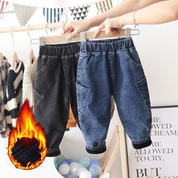 Jeans girls boys jeans velvet warm denim pants baby Kids pockets long pant trousers Children Clothes 230306