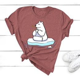 Women's T Shirts Harajuku Women's T-Shirts Bear Eat Coffee Kawaii Cotton Tshirt Female 2023 Summer White Cartoon Tops Tee Hip Hop Woman