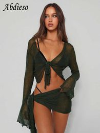 Casual Dresses Abdieso Y2K Lace Up Summer Beach Party Dresses Women Two Piece Set 2022 Long Sleeve Crop Top and Mini Skirts Sexy See Through Z0216