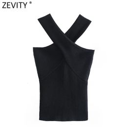 Women's Tanks Camis Zevity Women Chic Sexy Cross Strap Black Knitting Tank High Street Ladies Summer Slim Crop Tops SW835 230306