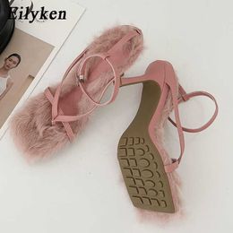Spring Gladiator Sandals High Heels Street Females Square Toe Clip-On Faux Fur Buckle Strap Strappy Women Shoes 230306