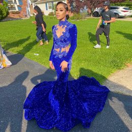 Glam Royal Blue Prom Dress 2023 For Black Girls Long Sleeves Applique Birthday Women Party Dresses Robes De Bal Evening Gowns