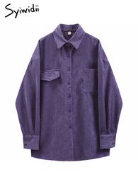 Women's Blouses Shirts Syiwidii Corduroy Purple Top Button Up Women Shirts Long Sleeve Turn Down Collar Oversized Loose Outerwear Spring Blouse 230306