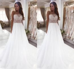 Sweet White A Line Wedding Dresses Sexy Sheer Jewel Neck Beads Sequined Top A Line Party Bridal Reception Gowns Women Formal Vestidos Custom Made BC15312