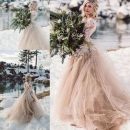 2023 Champagne Boho Beach Wedding Dress Long Sleeves Jewel Neck Backless A Line Country Bridal Gowns Puffy Tulle Spring Summer Bride Formal Wear