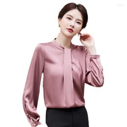 Women's Blouses Pink Pullover Shirt Women 2023 Spring Temperament Acetate Satin Casual O Neck OL Office Ladies Work Tops White