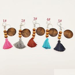Keychains Lanyards Party Favour Wooden Bead Keychain With Round Wood Chips And Cotton Tassel Pendant Key Ring Custom Sublimation Lo Dhc28