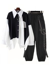 Women's Two Piece Pants Women Streetwear Two piece Suit Splice Chain Long Sleeve Ribbon Harajuku Cargo 2 Set s Outfits 230306