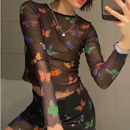 Women's T Shirts Cyber Y2k Mesh Top With Printed Butterfly Long Sleeve Crop Tee T-Shirt Alt E-Girl Aesthetic Clothes /
