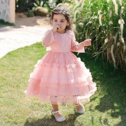 Girl Dresses Ballgown Long Sleeve Dress Lace Flower 2023 Pink Beach Short Kids Wedding Princess Party Pageant Clothes