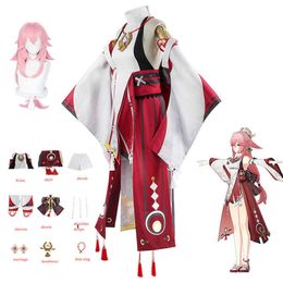 Anime Costumes Genshin Impact Yae Miko Cosplay Come Wig Dress Party Outfit Halloween Comes for Women Carnival Christmas Masquerade Party Z0301