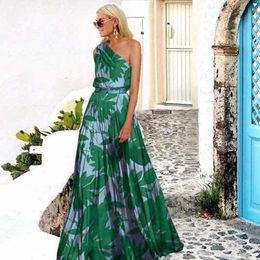 Casual Dresses 2023 new women's digital printed leaf panel off-shoulder printed dress T230303