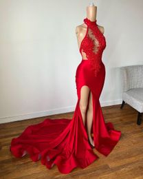 2023 Sexy Red Mermaid Evening Formal Dress High Neck Lace Beaded Satin Silt Prom Party Birthday Engagement Gowns Robe De Soiree