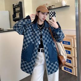 Women's Jackets ZOUXO Women Jacket 2023 Spring Autumn Checkerboard Lattice Embroidery Denim Fashion Kpop Loose Coat