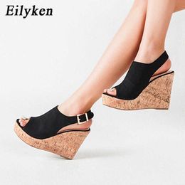 top Woman Shoes High Heels Sexy Leopard Grain Thick Bottom Peep Toe Ladies Ankle Buckle Strap Platform Wedge Sandale Femme 230306