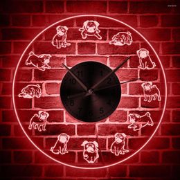 Wall Clocks Lovely Dog Clock Cartoon Pugs LED Neon Sign Lighted Acrylic Great Pug Lover Gift Cool Living Room Interior Decor