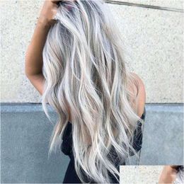 Human Hair Wigs Leaching And Dyeing Midlength Curly Cos Grey Gradient Wig Female Chemical Fibre Headgear Drop Delivery Products Remy Dhgya