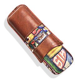 Leather Travel Cigar Holder Case Portable 2 Tube Gadgets Mini Cigar Humidor Box Fit Cigars AccessoriesW/Cutter Gift