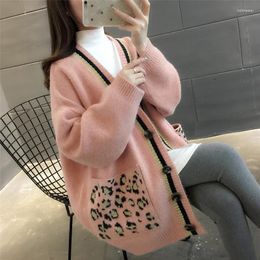 Women's Sweaters 2023 Autumn And Winter Tops Korean Version Of The V-neck Knitted Leopard Cardigan Women's Mid-length Pocket Sweater