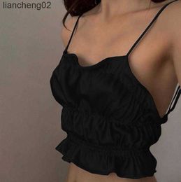 Women's Knits Tees Women's T-shirt Sexy Clothes Sling Straps Summer Camis Ruched Ruffle Satin Vest Tube Tops Slim Backless Clubwear Y2k W0306