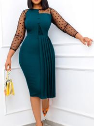 Casual Dresses Women Bodycon Dress See Through Sleeve Polka Dot Mesh Patchwork Sheath Pleated Transparent Slim Elegant Office Lady African 230303