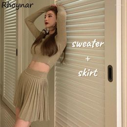 Work Dresses Sets Women Korean Style Chic Schoolgirl Pleated Skirt Slim Retro Elegant Solid Crops Sweater Sexy Clubwear Holiday Femme