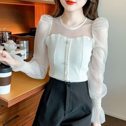 Women's Blouses 2023 Sexy Mesh See Through Patchwork Blouse Top Women's Korean Puff Long Sleeve Elegant Casual Shirt Blusas De Mujer