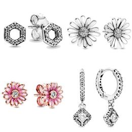 Stud Earrings 2023 925 Sterling Silver Daisy Flower Square Sparkle Honeycomb Hexagon Pan Earring Studs For Women Gift Diy Jewellery