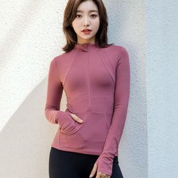 Active Shirts Sport Women Long Sleeve Shirt Zipper Pocket Solid Yoga Top Silm Finger Cuffer Fitness Gym Wear Workout Female Sportswear