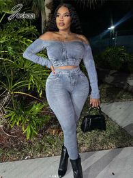 Women s Two Piece Pants Joskaa Sexy Denim Print Set Women Hipster Off Shoulder Long Sleeve T shirts and Leggings Matching 2023 Streetwear 230303