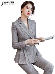Women's Suits Blazers High Quality Business Suits Fashion Temperament Double Breasted Plaid Slim Formal Blazer And Pants Office Ladies Work Wear 230306