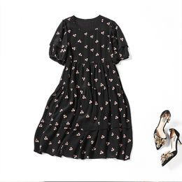 2023 Spring Round Neck Silk Floral Print Panelled Dress Black Short Sleeve Knee-Length Casual Dresses C2S123335