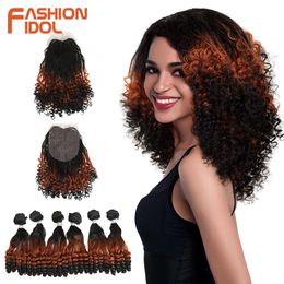Synthetic Wigs Fashion Idol Afro Kinky Curly Hair Bundles 14 Inch 7pieces/lot Upper Straight Lower Bend Synthetic Lace with Closure Fibre 230227