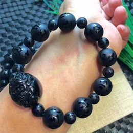 Strand Black Agate Carving Buddha Gemstone Stretchy Bracelets Lucky Handmade Reiki Healing Bless Yoga Wrist