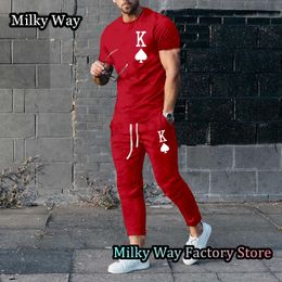 Men's Tracksuits Summer Men Solid Colour T-Shirt Trousers Set Fashion K Print Tracksuit 2 Pieces Casual Clothing Male Oversized Streetwear 230306