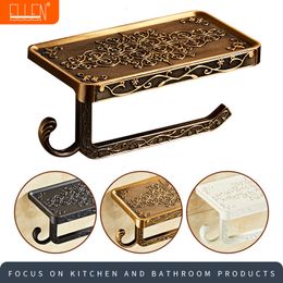 Toilet Paper Holders Bathroom Shelves Antique Bronze Carving Toilet Roll Paper Rack with Phone Shelf Wall Mounted Bathroom Paper Holder E654 230303